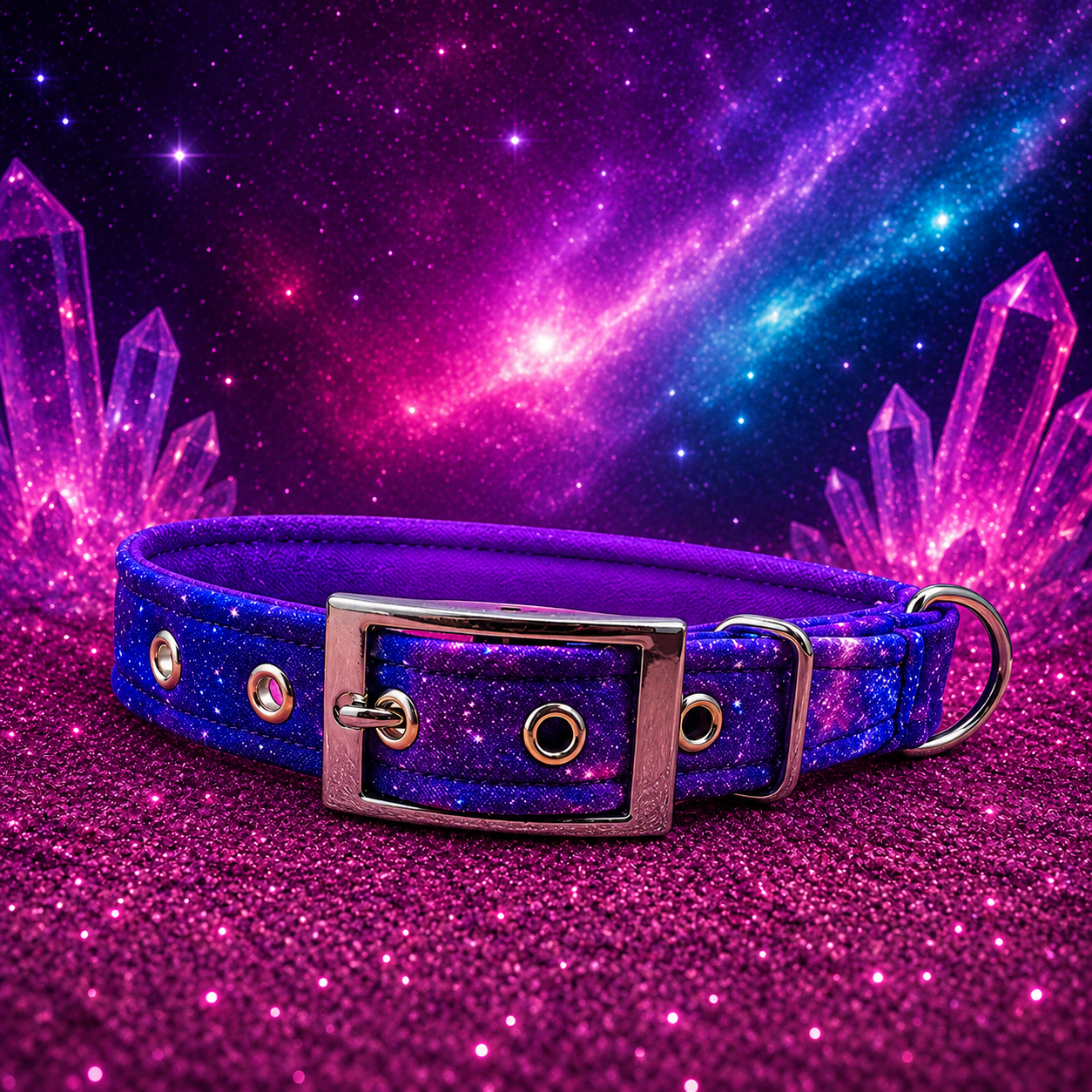 A purple and blue dog collar with a silver buckle, displayed on a sparkling magenta surface with a cosmic galaxy and crystal background.