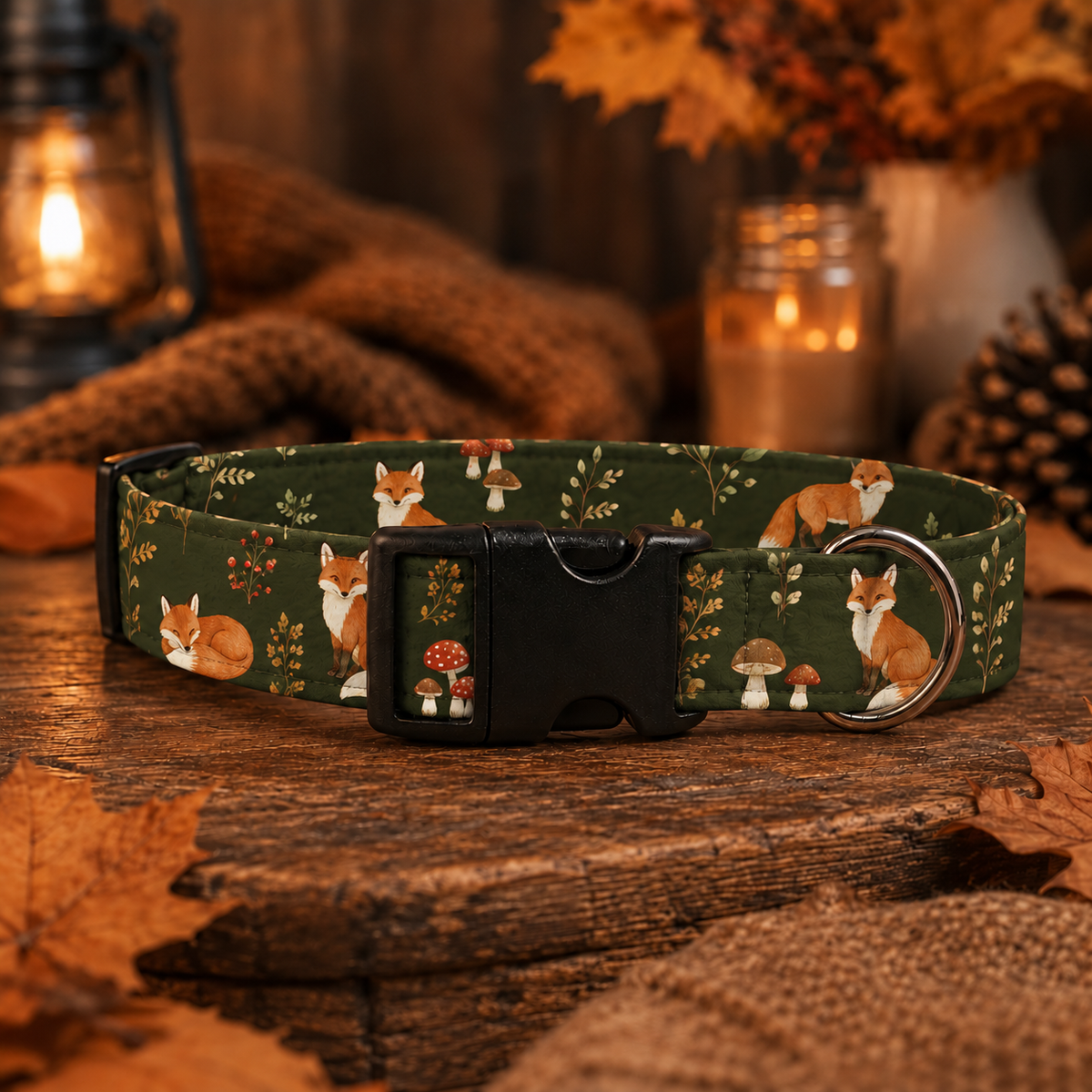Whimsical fox and mushroom Dog Collar
