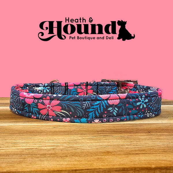 Navy Pink Floral Dog Collar