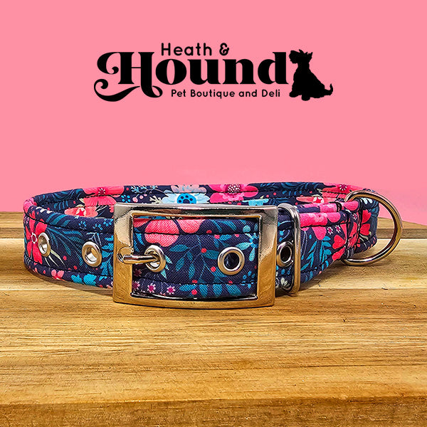 Navy Pink Floral Dog Collar